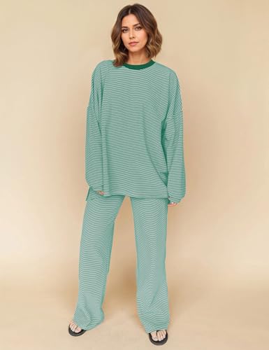 Image of MISSACTIVER Women's 2 Piece Striped Lounge Set Long Sleeve Oversized T-Shirt Wide Leg Pants Matching Pajamas Set