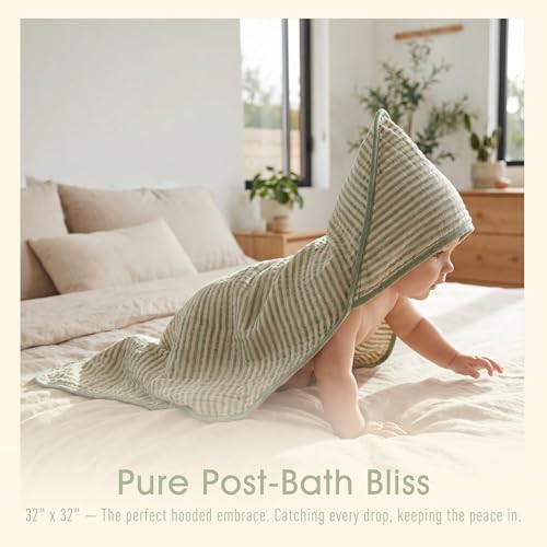Image of Ultra-Soft Muslin Baby Towel - 32 x 32 Inches, Ideal for Bath & Beach, Suitable for Both Boys & Girls from Newborns to Toddlers (Sage Green Stripes)
