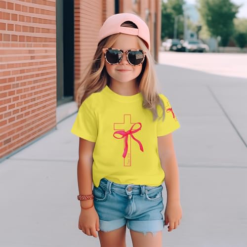 Image of Girls Cute Christian Shirts Kids Pink Bow Shirt Jesus God Faith Tshirts Aesthetic Cross Bible Verse Graphic Tee Tops