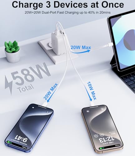 Image of 40W Retractable Wall Charger, 3 in 1 Retractable Phone Charger Wall Plug with Dual USB Ports,Fast USB C Chargers Block for iPhone 17 16 15 14,Galaxy S23 22,LG,Pixel