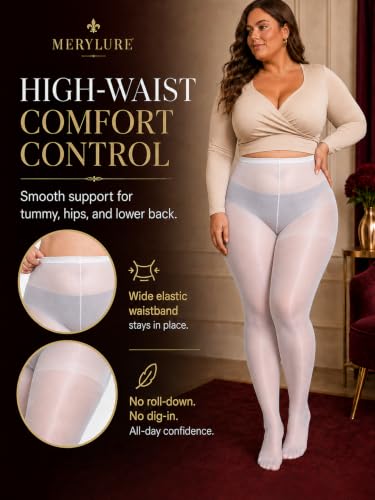 Image of MERYLURE Plus Size Sheer Tights for Women,20D Control Top Pantyhose Reinforced Toes High Waist Stockings 3 Pairs 1XL-6XL