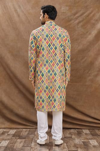 Image of LookMark Men's Cotton Blend Printed Long Kurta Suitable for All Indian Wedding, Occasions, and Festivals
