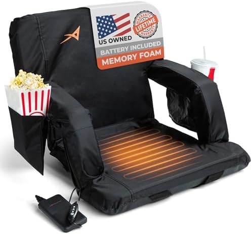 Heated Stadium Seats for Bleachers with Back Support – USB Battery Included - Upgraded 3 Levels of Heat - Foldable Chair - Cushioned, 4 Pockets for Snacks, Cup Holder - for Camping, Games & Sports