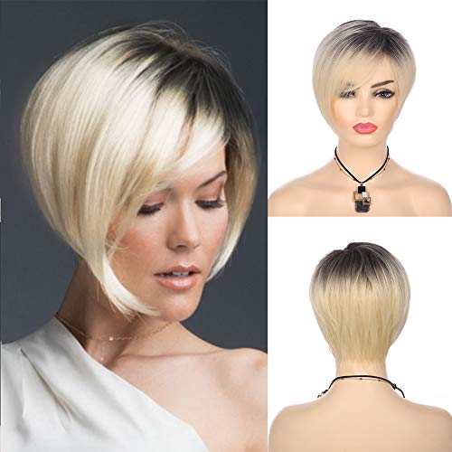 Kaneles Platinum Blonde Wig Bob Short Ombre Blonde Layered Wig with Side Parting Dark Roots to Blonde Natural Synthetic Wig Heat Resistant