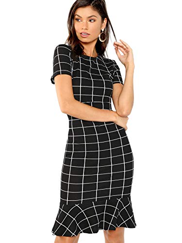 Floerns Women's Short Sleeve Plaid Ruffle Hem Bodycon Office Work Dress Black L