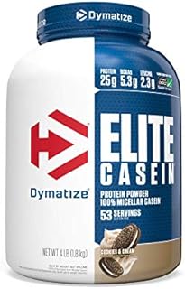 Dymatize Elite Casein Protein Powder, Slow Absorbing with Muscle Building Amino Acids, 100% Micellar Casein, 25g Protein, 5.3g BCAAs & 2.3g Leucine, Helps Overnight Recovery, Cookies & Cream, 4 lb