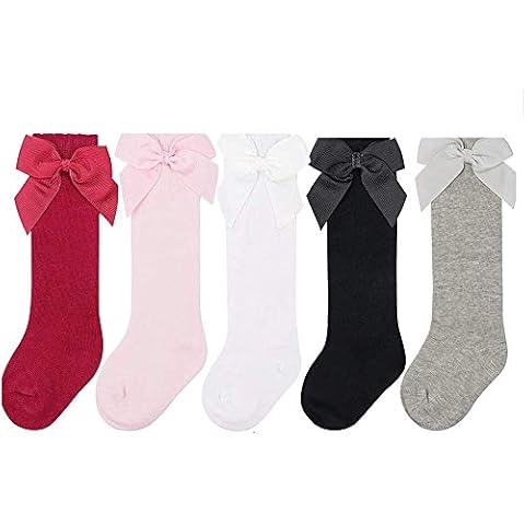 CHAYANG 5pairs Baby Girls Knee Socks Bow Cotton Rich Socks Kids Long Stocking Cover