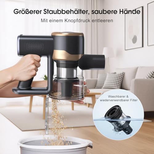 Lubluelu Akku Staubsauger Kabellos, 450W Motor & 45kPa Saugleistung, Leichter & Leiser Akku-Standstaubsauger mit LED-Anzeige, Ideal für Tierhaare, Teppiche, Hartböden & Auto, Gold – Bild 6