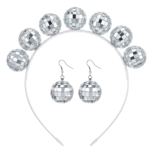 Discokugel Haarreif Discokugel Kostüm Accessoires mit Haarreif Kugeln und Silber Ohrringe für 70er 80er Cosplay Karneval Mottoparty Maskerade