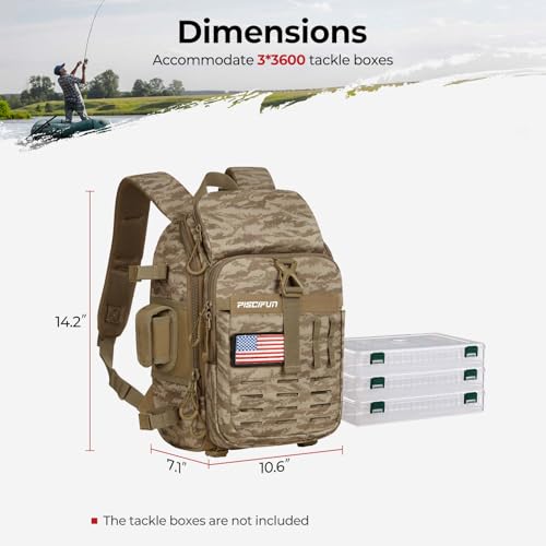 Image of Piscifun Fishing Tackle Backpack with Rod & Gear Holder, Lightweight Outdoor Water-Resistant Fishing Shoulder Storage Bag with Protective Rain Cover, Khaki Camouflage