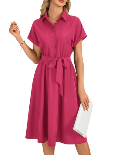 LYANER Women's Collar V Neck Button Front Tie Waist Short Sleeve Ruffle Hem Midi Dress Rose Red Small