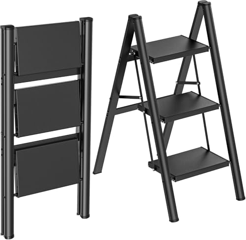 HBTower 3 Step Ladder Lightweight Aluminum Folding Step Stool Step Stool Foldable with Wide Anti-Slip Pedal 330lbs Capacity for Home and Kitchen Black