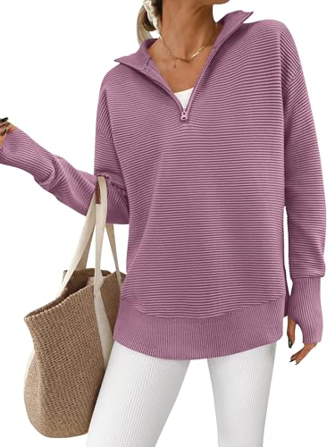 Image of PRETTYGARDEN Womens Long Sleeve Quarter Zip Pullover Sweater | Casual Loose V Neck Sweaters with Thumb Hole, Collared Ribbed Knit Jumper Tops, Oversized Tunic Tops, Fall Outfits 2026