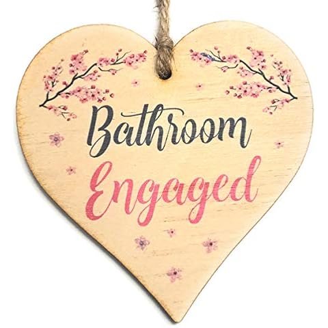 Engaged Vacant Bathroom Door Sign - Double Sided Wooden Heart Shaped Plaque - Decorative Cherry Blossom Design by Maisie Moo - Includes Hanging Twine Cover