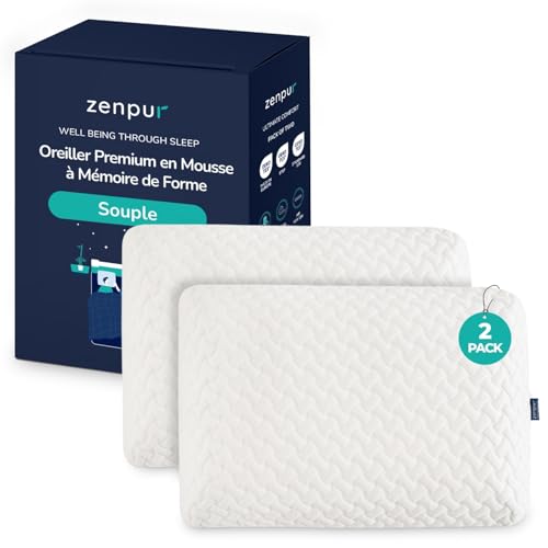 ZenPur Lot de 2 Oreillers Cervicaux Souples 40x60 - Coussins Ergonomiques Mémoire de Forme - Spécial Dormeurs sur Le Ventre, Housse Bambou, Certifié Oeko-TEX