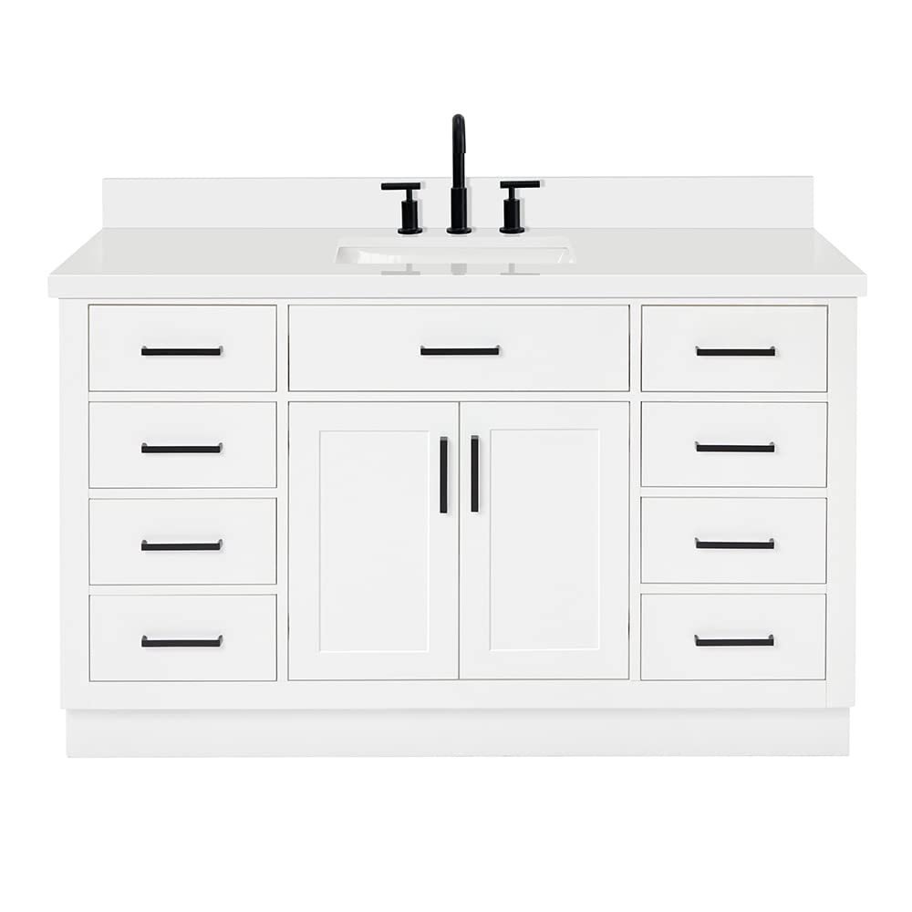 ARIEL Hepburn 55" White Bathroom Vanity with Sink, 1.5" Edge Pure White Quartz Countertop & Splash, Rectangular Sink, 2 Soft Closing Doors, 8 Full Extension Dovetail & 1 45-Degree Tilt Drawers