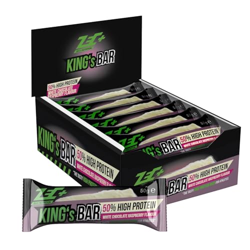 Zec+ Nutrition King’s Bar Proteinriegel – 24 Riegel (1200 g), Geschmack White Chocolate Rasberry │ Low Carb Eiweißriegel mit 50% Proteingehalt, hochwertiger Powerbar mit 3-Komponenten-Protein