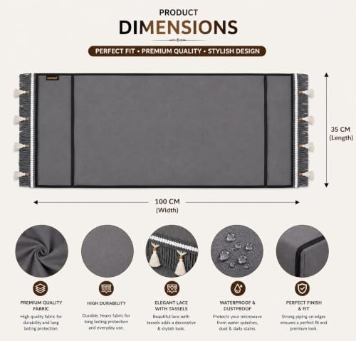 Image of Microwave Oven Cover for Durable, Waterproof and Dustproof Kitchen Protector with 4 Side Storage Pockets for Kitchen Accessories (100 x 35 cm) (Grey Lace)