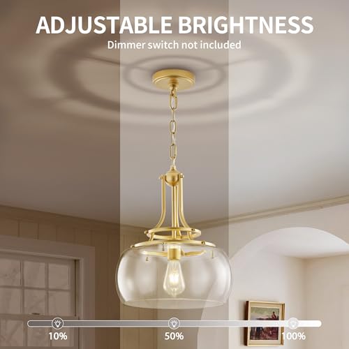 Image of KARTOOSH Gold Chandelier Kitchen Pendant Lighting Over Island | Rustic Farmhouse LED Ceiling Pendant Light with Clear Glass Shade Shade for Kitchen Island Dining Room Foyer Entryway