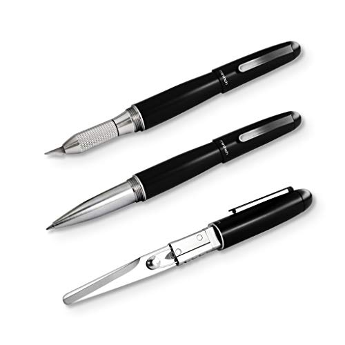 Xcissor Pen by Mininch | Multi-Tool Writing Utensil with Hidden Scissors | Optional Precision Razor Blade (Full Set, Black)