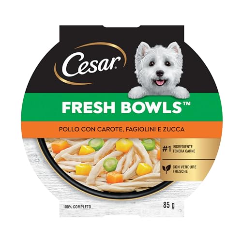 CESAR Fresh Bowl Cani Adulti con Pollo, Carote, Fagiolini, Zucca Salsa 85g, 10 Confezioni
