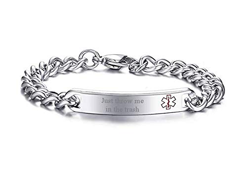 VNOX Free Engraving-Mens Womens 8MM Stainless Steel ID Tag Medical Alert Emergency Bracelet,8 inches (Silver,Just Throw me in The Trash)