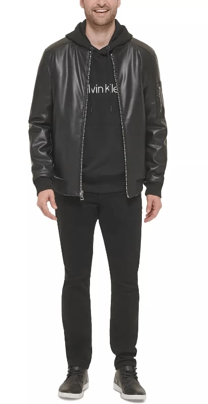 Calvin Klein Mens Faux Leather Bomber Jacket Black M3