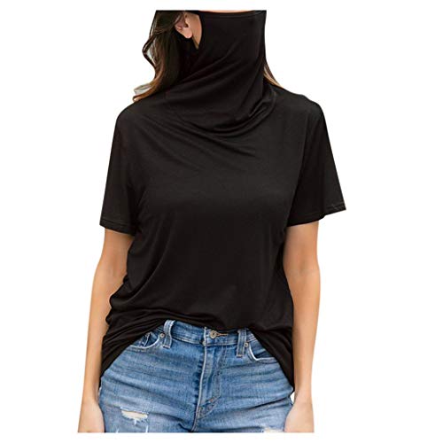 Women s Casual Loose Turtleneck Short Sleeve Soild Tank Tops Tee Shirt Blouse T-Shirt with Facemasks S-5XL