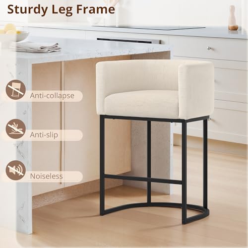 Image of LUE BONA Counter Height Bar Stools Set of 6, Modern Barrel Counter Stools with Backrest and Arms, Black Metal Frames, Linen Fabric Upholstered Barstools for Kitchen, Light Linen Color