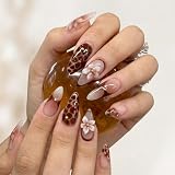 24 Stück Nägel zum Aufkleben | Braune 3D Press on Nails mit Blumen- und Krokodilmuster | Lange Mandelförmige Fake Nails in Nude | Wiederverwendbare Künstliche Nägel für Alltag und Partys