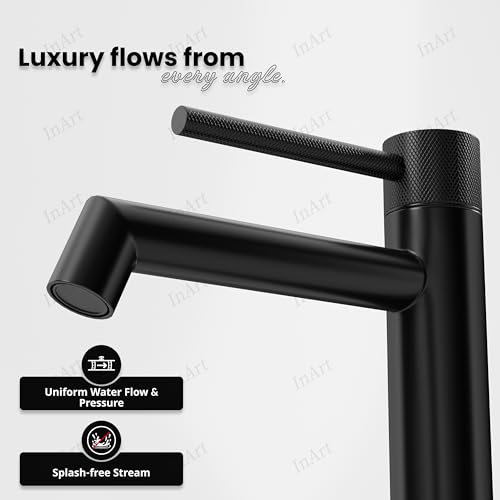 Image of InArt SS-304 Extra Tall Pillar Tap for Wash Basin | 12 Inch High Neck Table Top Tap with 3 inch Extended Thread | Long Basin Faucet Pillar Cock | 7 Years Warranty (Black Matt)
