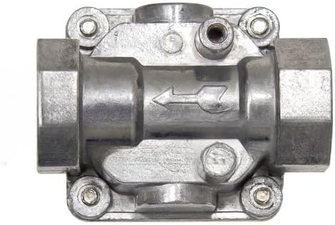 Top view of the Sourcefy GR-130 Natural Gas Regulator, showing the inlet and outlet ports with an arrow indicating gas flow direction.