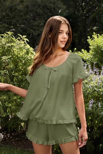 Image of KFUBUO Womens Pajamas Set 2 Piece Ruffle Pj Soft Short Sleeve Tops and Shorts Sleepwear Set Cute Pajama Sets for Women