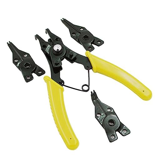 4 in 1 Circlip Pliers, Internal External Circlip Snap Ring Pliers with 4 Exchangeable Jaws for Retaining Ring Installation and Removal, 5 inch, Yellow