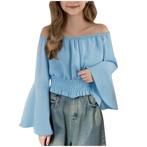 Spring Off Shoulder Crop Tops for Girls Lantern Sleeve High Waist Ruffle Trim Puff Long Sleeve Tube Crop Blouse Shirt Top Boho Shirt Blouse Medieval Renaissance Tee #01Light Blue 9-10 Years