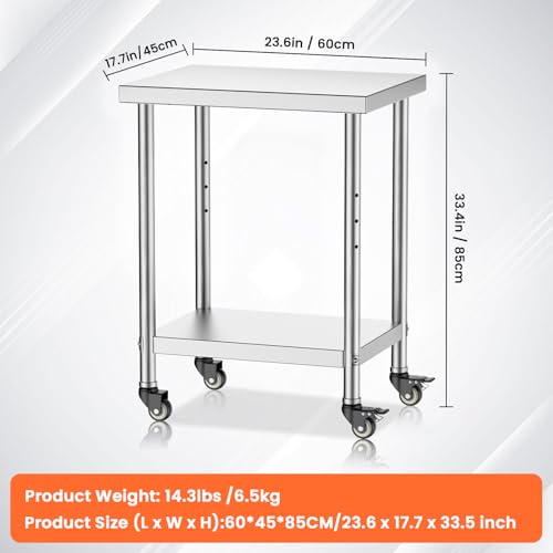 VANATIEN Stainless Steel Work Table with Wheels, 23.6 x 17.7 Inch Compact Rolling Cart, 2 Tier Adjustable Shelf Kitchen Cart Microwave Cart for Small Space Apartment Home Garage Outdoor Use — view 3