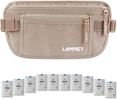 Travel Money Belt for Men Women, RFID Blocking Concealed Waist Wallet Pouch Under Clothes Passport Holder Antitheft Waist Stash Bag for Travelling, Bonus 10 RFID Credit Card Sleeves, Beige