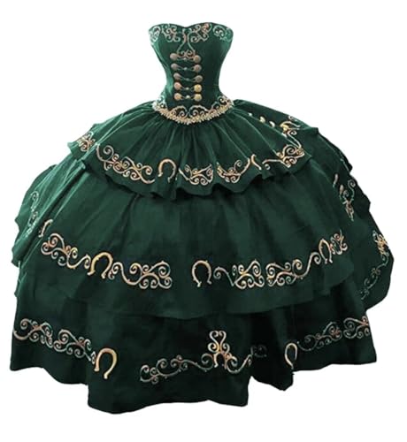 LOVELIULIU66 Satin Three Layers Gold Embroidered Quinceanera Dres...