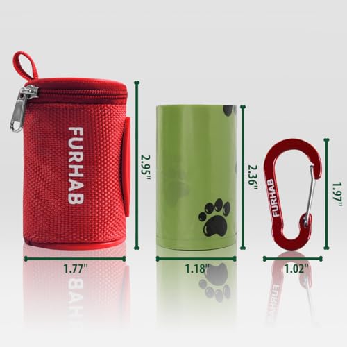 Image of FURHAB Dog Poop Bag Holder for Leash Doggie Waste Bag Dispenser Soft Fabric Puppy Potty Carrier Small Doggy Zipper Pouch with Carabiner Clip 1680D Nylon Oxford with 1 Roll of Pet Trash Bags, Red