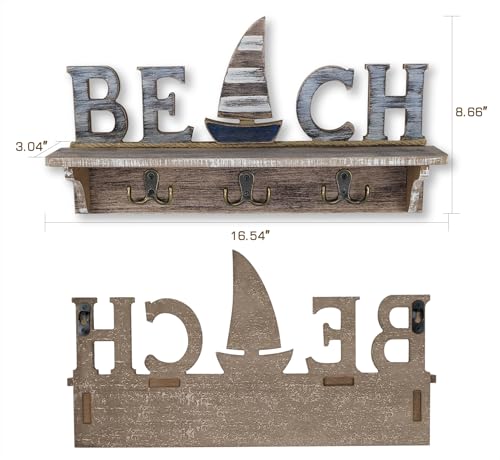 SAILINGSTORY Beach Wall Decor Nautical Decorative Coat Rack Wall Mounted Key Hook with Shelf - Image 2