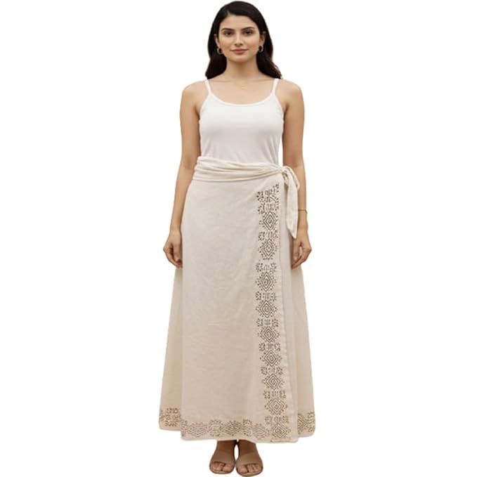1Pc Women's Wrap Long Summer Skirt, Cream, Block Print Border, Tie-Up Waist, Boho Style-image-30