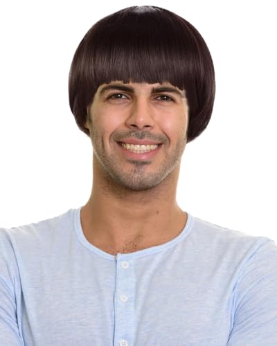 short mushroom wig for men-synthetic 60s bowl cut wigs for anime movie music costume halloween cosplay party dark brown