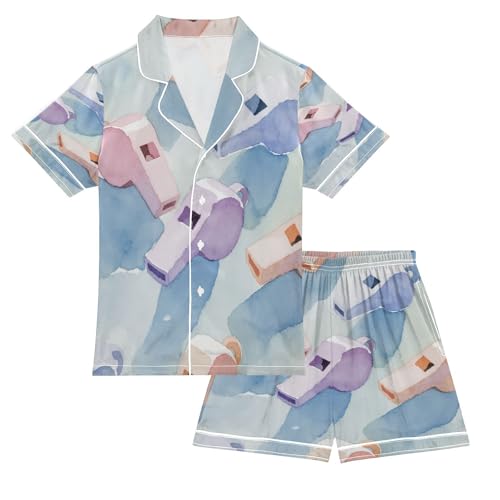 Satin Pajama Sets Short Sleeve Whistle Pattern Print on Fabric Button Down Silky Nightwear 2 Piece PJS 5-14Y
