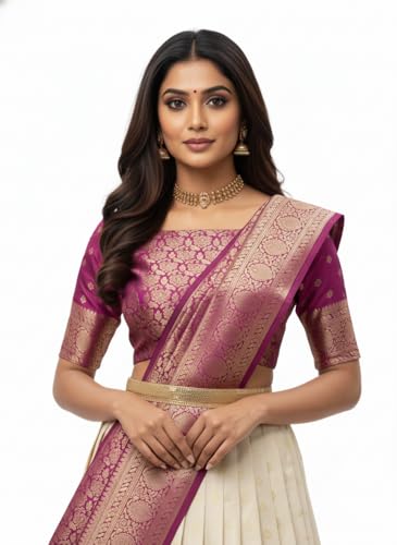 Image of RENVAANI Women's Traditional Kanjivaram Kanchipuram Silk Zari Weaving Unstitched Lehenga Choli with Dupatta