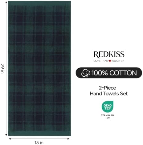 REDKISS 100% Cotton Hand Towels for Bathroom, Green Checkered Towel, 2 Pack - 2
