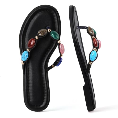 Image of DREAMSTORY Womens Beaded Flip Flops Beach Jeweled Thong Sandals | Open Round Toe, Slip on, Colorful Gemstones Embellished, Fashionable Summer Beach Style, Casual Flat Studded Shoes