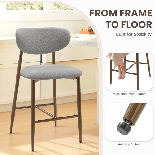 Image of MALOL Bar Stools Set of 2, Upholstered Counter Height bar stools with Backs and Metal Legs, Modern Kitchen Bar Stools for Kitchen Island, Counter, Light Grey