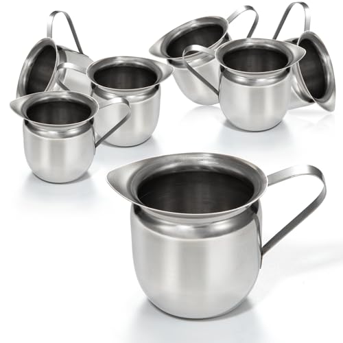 Fit Meal Prep [6 Pack] 8 oz Creamer Pitcher - Stainless Steel Bell Creamers, Mini Cup Container for Serving Milk, Coffee Cream, Salad Dressing, Maple Syrup, Espresso Machine for Restaurant, Cafes