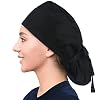 IRIS CRAFT Satin-Lined Scrub Cap with Button, Nurse Hat with Sweatband, Elastic Bandage Tie Back Scrub Hats for Women, One Size, Black with Satin-Lined #2