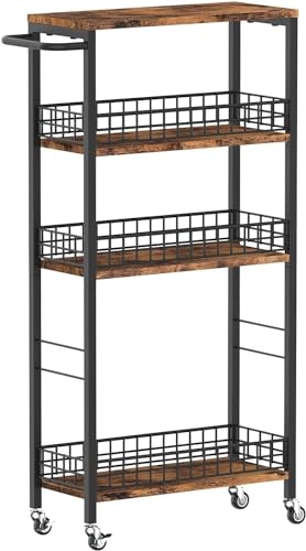 Carrito de Cocina con Ruedas, Carrito Estrecho,Carrito de Servicio de 4 Niveles, Carro con cestas metálicas con Tapa de Madera, Carro de Ahorro de Espacio para la Cocina, Baño, Restaurante